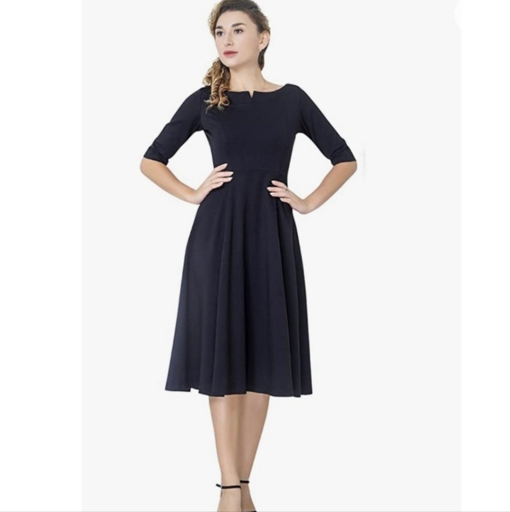 Mary Crafts Black 3/4 Sleeve Fit & Flare Midi Dress Size 16